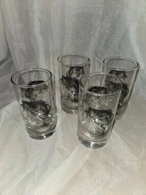 VTG set 4 Libbey Sportsman Series Highball Glass Black Graphic Largemouth Bass
